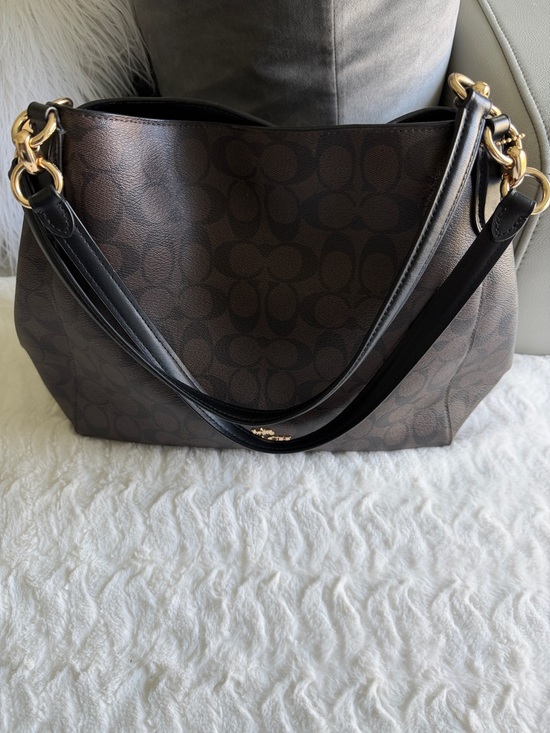 Coach Handbags - Coach Dark Brown Signature Canvas Shoulder Bag with Black Leather Straps